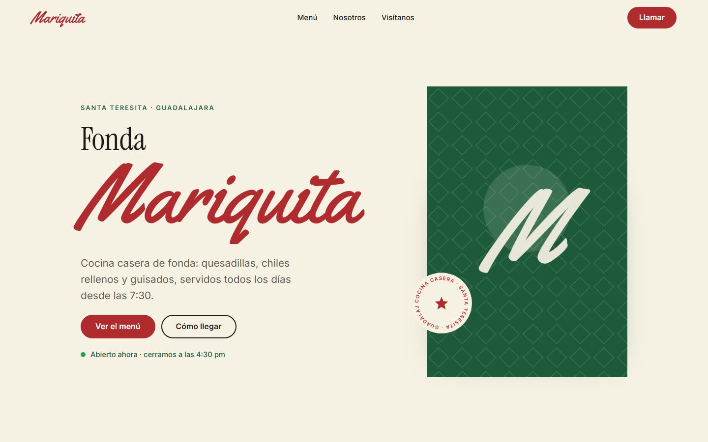 Fonda Mariquita home page with the script wordmark, call-to-action buttons and a live open status