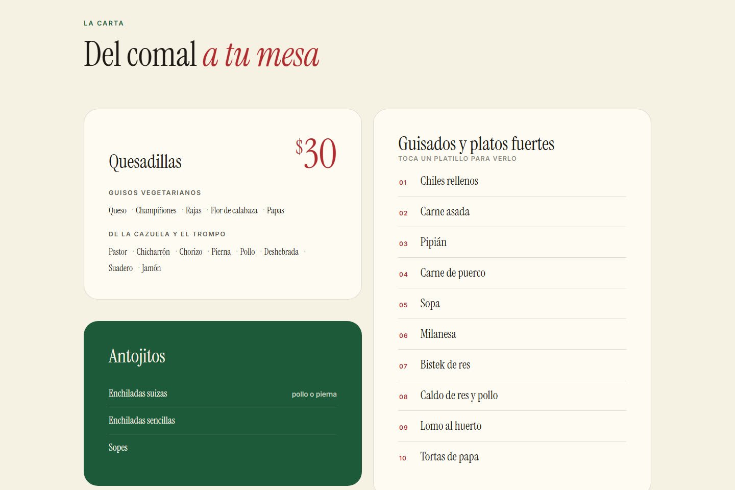 The Fonda Mariquita menu with quesadilla prices and a numbered list of dishes