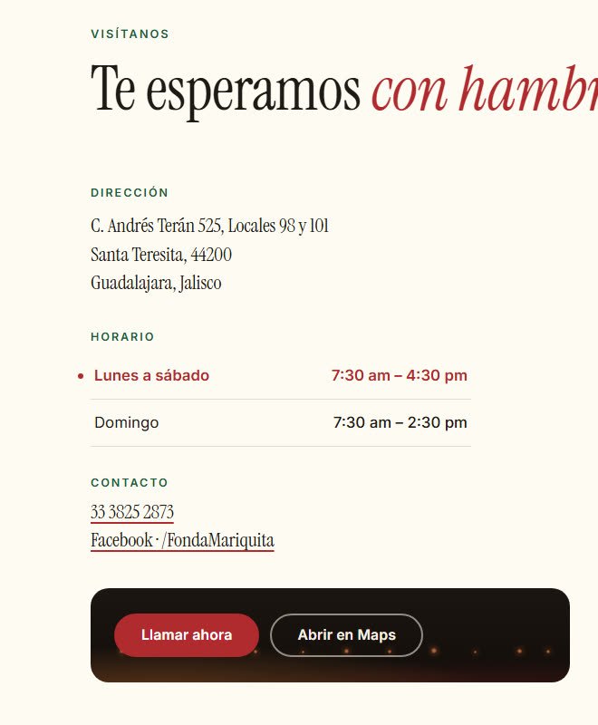 Fonda Mariquita visit section with address, opening hours and call and directions buttons